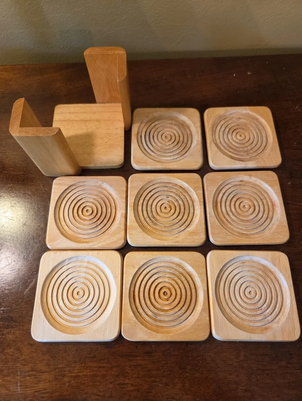 Set of 8 Vtg Solid Light Colored Wood 4” Coasters w/ Coaster Holder Modern Swirl